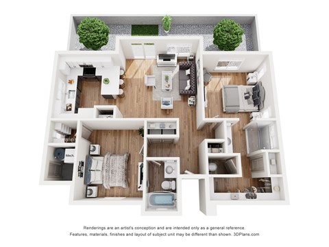 A 3D floor plan of a house with a kitchen, living room, and two bedrooms.